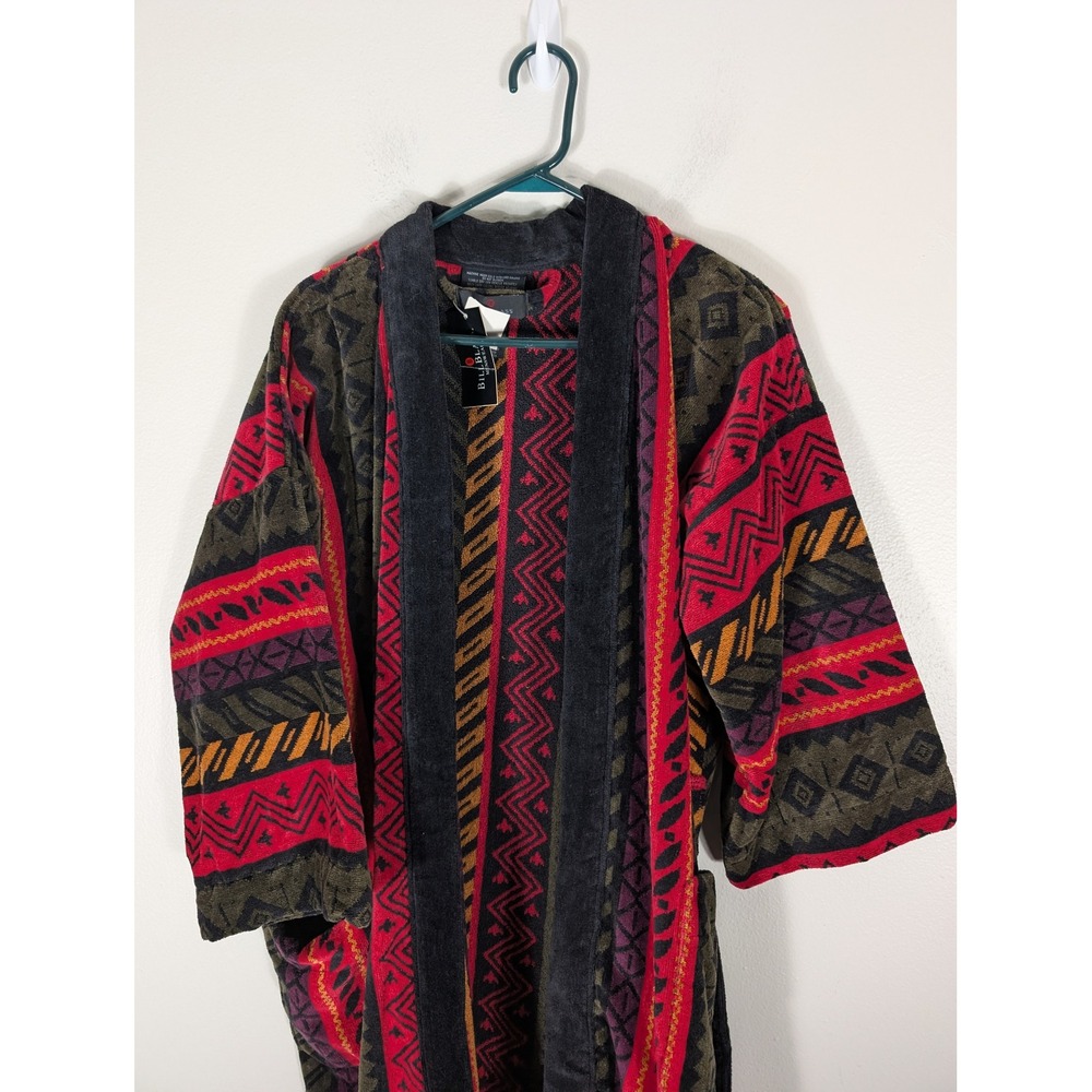 Bill Blass Menswear One Size Robe New Cotton Terry Southwestern Geometric Red - Picture 3 of 11